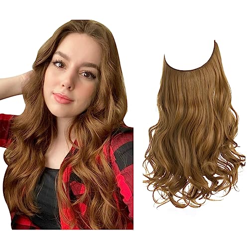 SARLA Invisible Wire Hair Extension Auburn Brown Wavy Curly Synthetic Hairpiece 16 Inch for Women Adjustable Transparent Headband