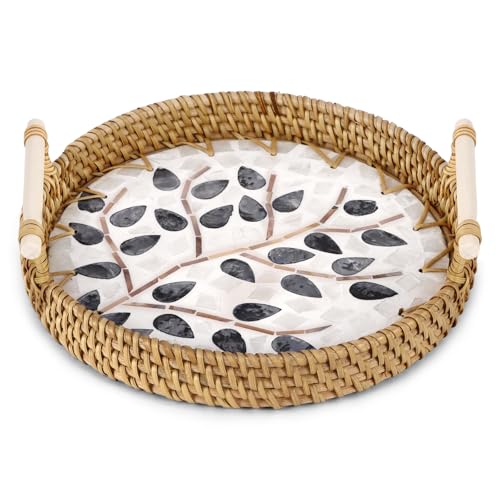 BTBHIHO Vintage Tablett Rattan mit Griffen,Dekotablett im Boho Stil...