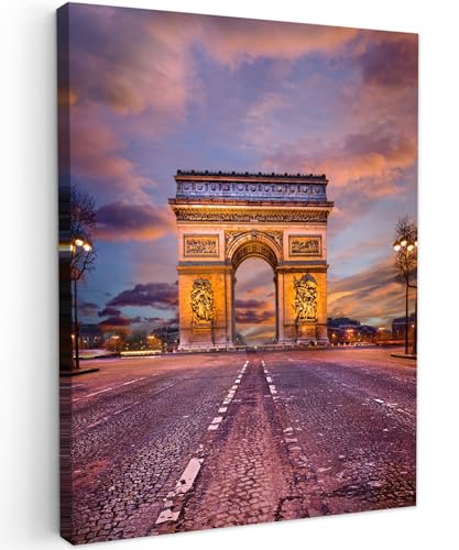 MuchoWow© Impression sur Toile Photo Peinture 50x70 cm Tableau Decoration Murale Chambre Salon Maison Deco Cuisine Paris - Arc de Triomphe - Coucher de soleil...