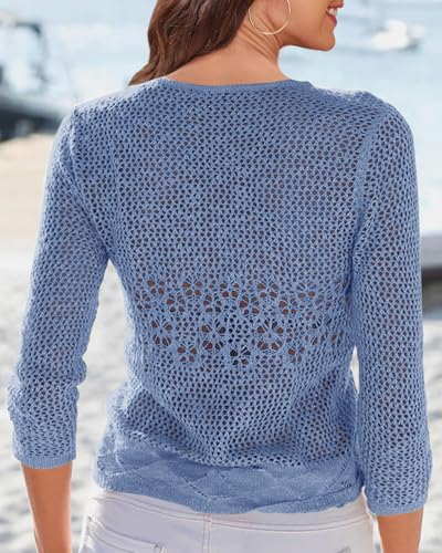 Image of Nulibenna Womens Sheer Shrug Sweaters 3 /4 Sleeve Open Front Tie Cardigan Bolero Jacket Lightweight Crochet Knit Cover Up Tops