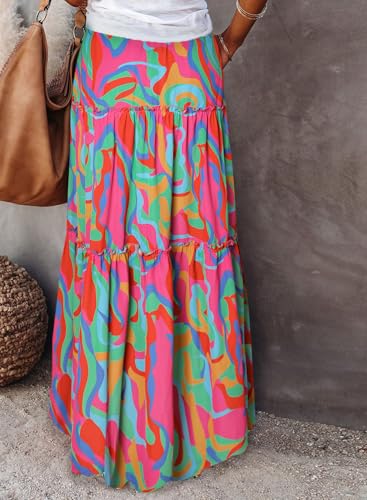 Image of Happy Sailed Womens Floral Print Boho Maxi Skirt Elastic High Waist Pleated Ruffle Flowy Long Skirts S-XL