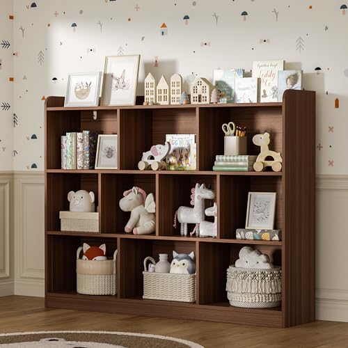 Image of DIYART Brown Bookshelf, Wood Bookcase with 3 Tier Open Shelves, 10-Cube Minimalist Storage Shelf for Living Room, Bedroom, 43.3" W x 35.4" H