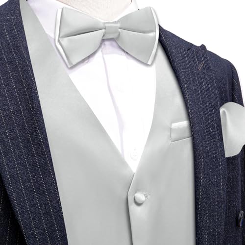 Image of Barry.Wang Mens Suit Vest Bow Tie Set 4PCS Formal V-neck Slim Fit Casual Solid Color Waistcoat Wedding Party Tuxedo