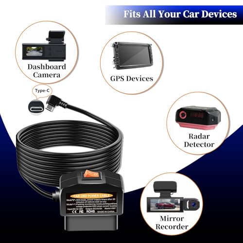 Image of OBD2 to USB C Power Adapter for Dash Cam, Hardwire Kit with Parking Mode, Low Voltage Protection (11.6V /23.4V), Acc Detection, Plug and Play Continuous Recording Cable（Type-C