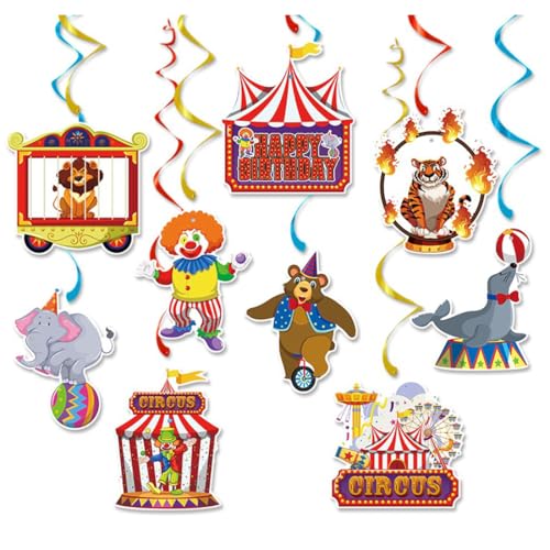 Guirnaldas de carnaval de 9 piezas, decoraciones colgantes de circo, serpentinas de papel de aluminio con animales de circo, decoración de carnaval para carnaval, circo y fiesta de cumpleaños