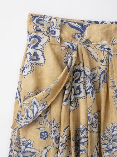 Women's Flowy Ramie Floral Print Mid Rise Midi Skirt with Pockets, Side Zipper & Frayed Hem A-Line Style3