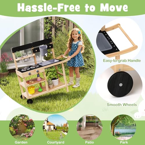 Image of HONEY JOY Mud Kitchen with Wheels, Fir Wood Outside Play Kitchen for Toddlers, Realistic Faucet & Water Tank, Stoves, Sink, Storage Shelf, Planter Cups, Mud Table for Kids Outdoor Backyard