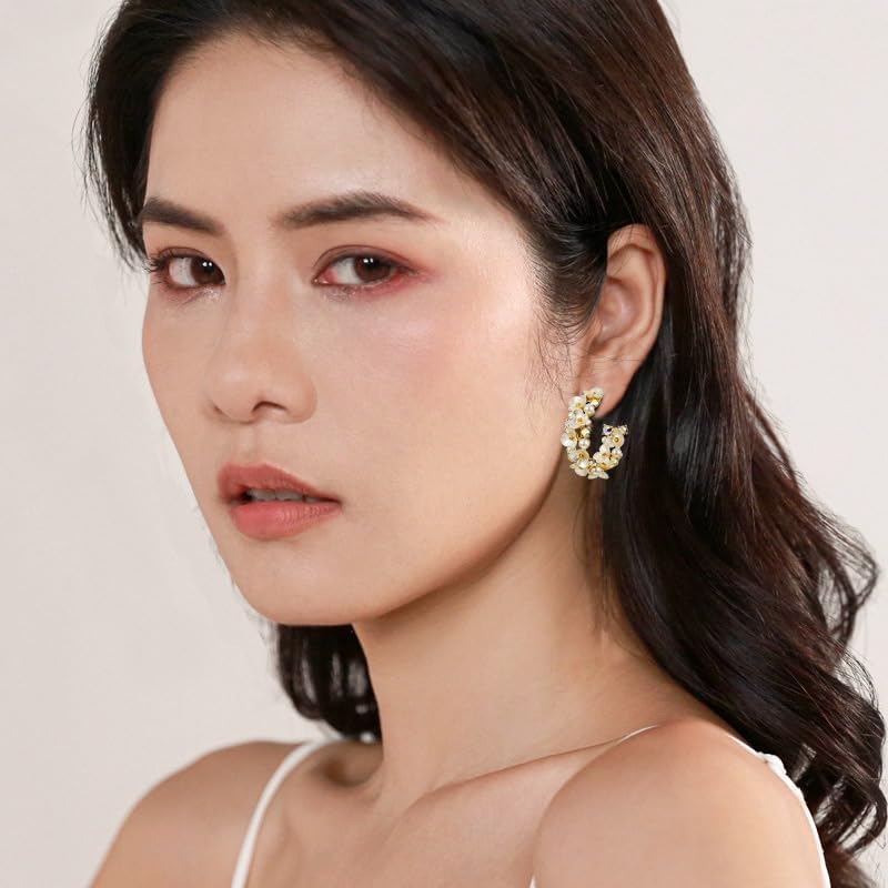 Crystal Flower Pearl C Shape Hoop Earrings for Women Statement Rhinestone Floral Clover Open Stud Earrings Wedding Birthday Jewelry - Image 3