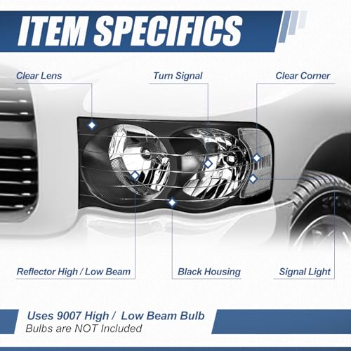 Image of Auto Dynasty Headlights for 02-05 Dodge Ram 1500 2500 3500, Black Clear | Headlights Assembly for 02-05 Dodge Ram 1500 2500 3500, Driver and Passenger Side Halogen Headlamps Replacement, Black Clear