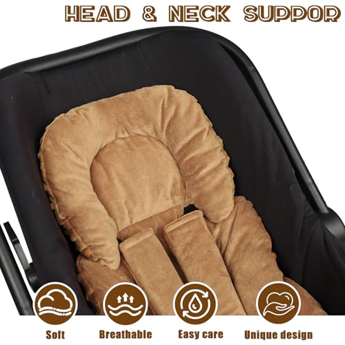 Image of GFU Infant Car Seat Insert Head and Body Support, Reversible Newborn Insert for Carseat with Strap Pads, Soft Stroller Cushion Pillow Insert for Boys and Girls, Fits for Stroller, Swing, Brown