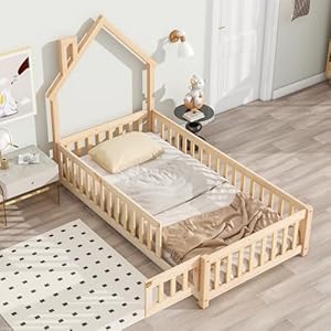   DEINPPA-Twin-Kids-Bed-Wooden-Floor-Bed-with-House-Shaped-Headboard-House-Bed-Frame-with-Door-Design-for-Toddler-Children-Boys-Girls-Natural