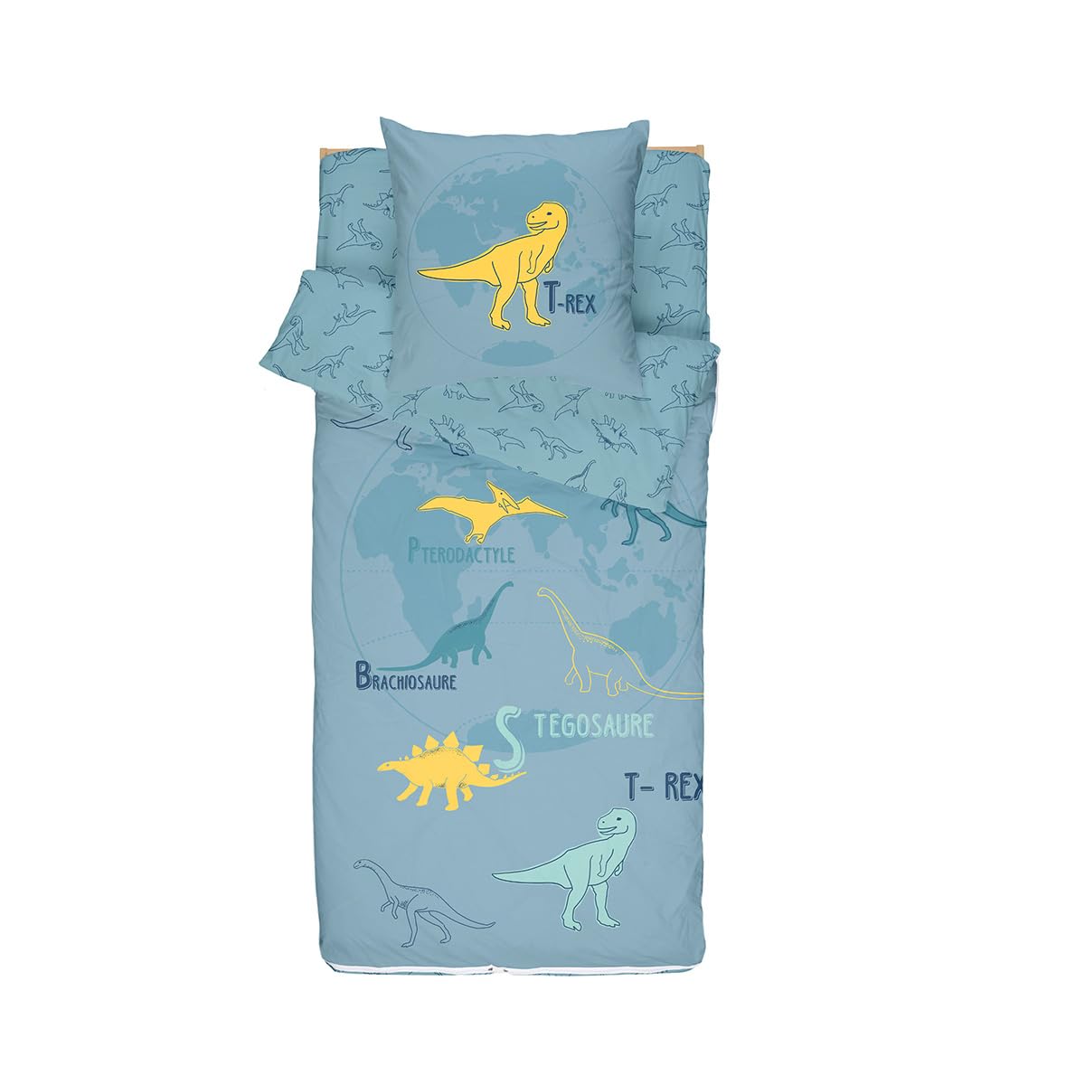 Caradou Parure de Lit Enfant T-Rex, 3 Pièces sans Couette, 90x190 cm, Coton, Bleu Vert