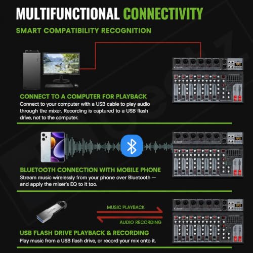Image of Dabeatz MX06 6 Channel Audio Mixer with 6xXLR /6.35mm Inputs, Bluetooth, USB /PC /MP3 Playback, 99 DSP Effects, 7-Band EQ, Mute, Recording, +48V Phantom Power - DJ, Karaoke, Studio & Live Sound