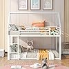 Harper bright designs metal house bunk bed for kids twin over twin low bunk beds frame with house shape roof ladder safety guardrail for kids girls boys teen white  urban country home decor