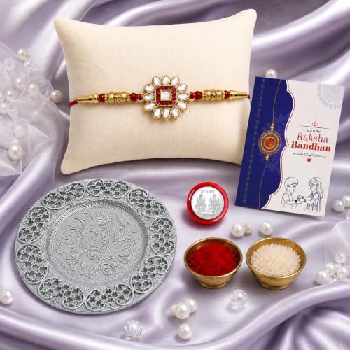 Image of Oblivion Rakhi Set for Brother - Designer Meenakari Rakhi for Brother with Silver Colour Pooja Thali, Pooja Coin, Roli Chawal & Card | Gift Hamper for Raksha Bandhan