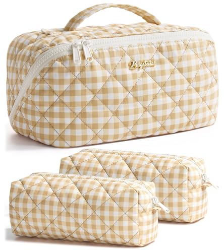 Image of Travel Makeup Bag, Large Capacity Puffy Toiletry & Cosmetic Bag for Women | 3 PCS Open Flat Quilted Makeup Cosmetic Organizer, Waterproof w /Clear Divider Portable Pouch for Skincare Travel Essentials