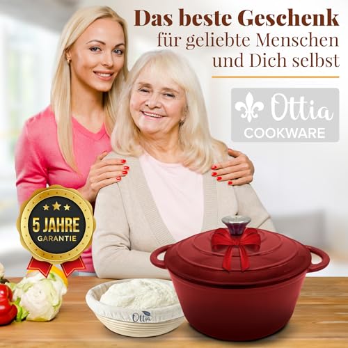 Foto von Ottia Gusseisen Topf brot backen [inkl. Gärkorb] - Emaille Topf 26cm - Dutch Oven, Brotbackform, Brotbacktopf, Schmortopf Bräter mit Deckel, Bratentopf - auch für Induktion, Händler aus HH, Rot