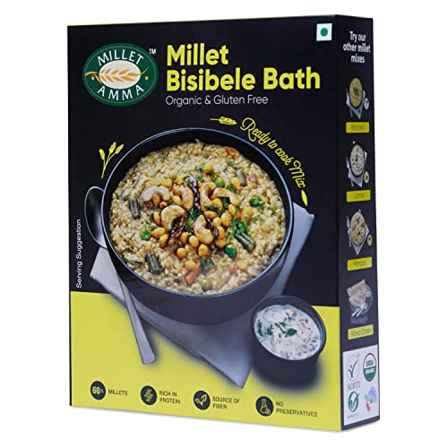 Image of Millet Amma Certified Organic Millet Bisibele Bath Mix | 250 GMS Pack | Easy & Ready to Cook Mix | Healthy and Nutritious Millet Breakfast Mix | Gluten Free | Directions Published on the Back Side |