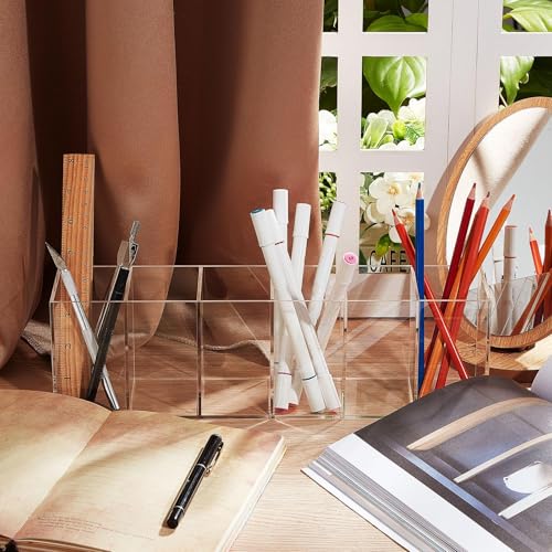 Image of Jetec Acrylic Pen Holder 6 Compartments Makeup Brush Stationery Organizer Pencil Holder for Desk Accessories, Cosmetic Brushes, Dorm, Home, Bathroom, Kitchen, Office Supplies(Clear)