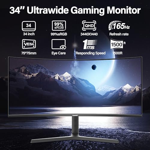 Gawfolk 34 inch ultrawide Curved Gaming Monitor, 1500R Curvature 165hz Refresh Rate UWQHD 3440x1440, Curved Computer Screen with FreeSync and Eye Care Technology, Liftable Stand,Wall Mount Compatible - Image 4