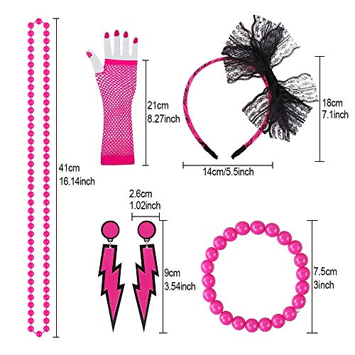 Kulannder 80s Fancy Dress Costume Accessories For Women And Girls, Retro Women Dresses Party With Neon Rainbow Dress Glove Neon Bracelets Necklaces Lace Bow Headband For 80s Party (6 Pieces) - Image 8