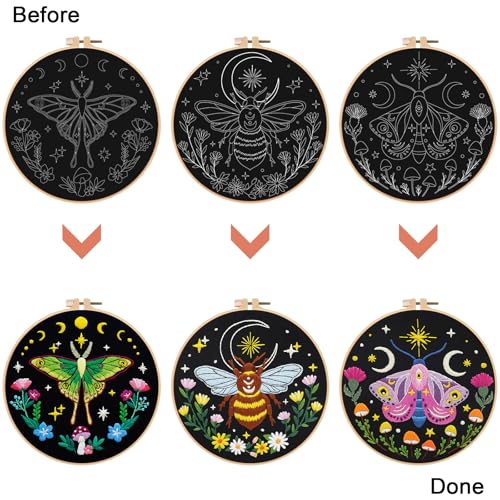 Image of Nuberlic 3 Pack Embroidery Kit for Adults Beginners, Stamped Cross Stitch Moth and Bee Patterns with Hoop, Thread, Needles & Step-by-Step Guide Easy DIY Starter Kit