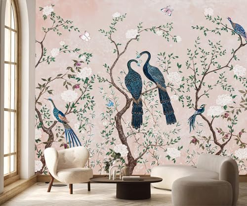 PYFFYP- Chinoiserie Pink Flowers and Bird Wallpaper Vintage Peacock murals