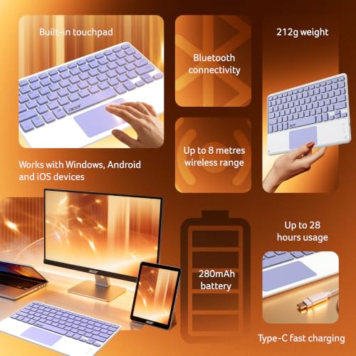 Image of Acer Nano Pad Touch Wireless Keyboard with Built-in Touchpad | Bluetooth Multi-Device Support | 280mAh Rechargeable Battery | Ultra-Slim Portable Design for Windows, Android, iOS & Mac | Purple