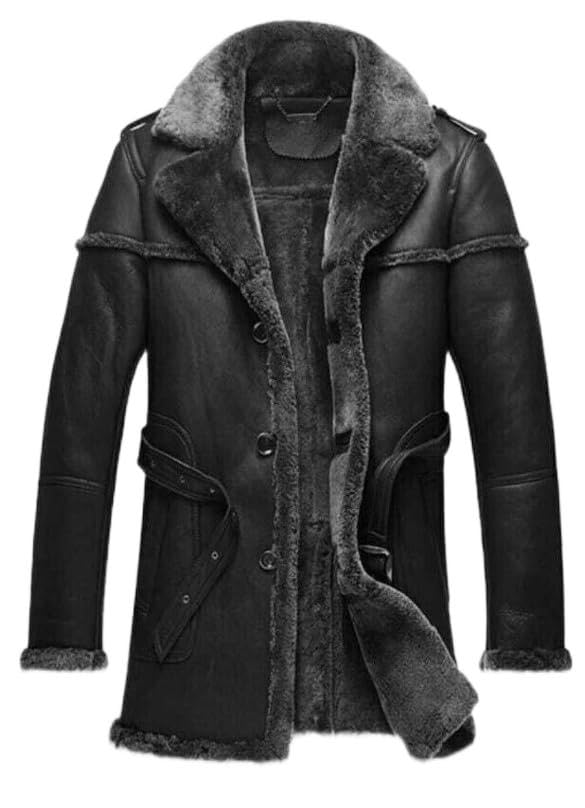 New Men's Classic Anti Winter Grey Fur Black Real Sheepskin bomber Leather Trench Duffle Coat