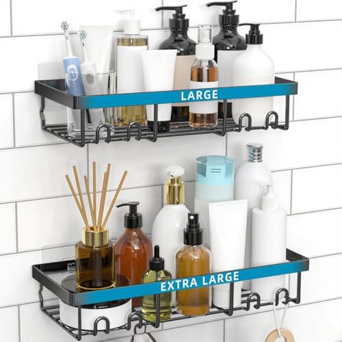 Image of Moforoco Shower Caddy Shelf Organizer Rack, Self Adhesive Black Bathroom Shelves Basket, Home Farmhouse Wall Inside Organization and Storage Decor Rv Accessories, First Camper Apartment Essentials