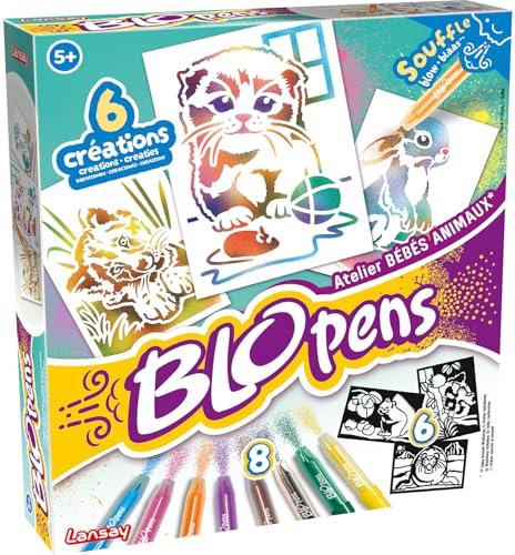 Lansay – BLOPENS Atelier Bébés Animaux – Kit Créatif pour Enfants dès 5 Ans - 8 Feutres à Souffler Effet Aérographe, Pochoirs Réutilisables– Coffret Dessin & Coloriage – Activité Loisir Créatif