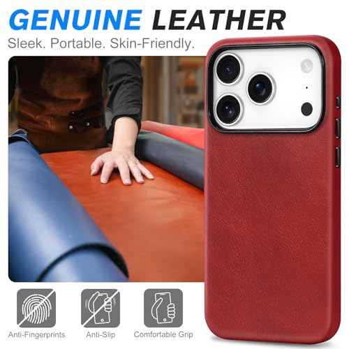 Image of SHIELDON Genuine Leather Case for iPhone 17 Pro 6.3 inch 2025, Retro Red