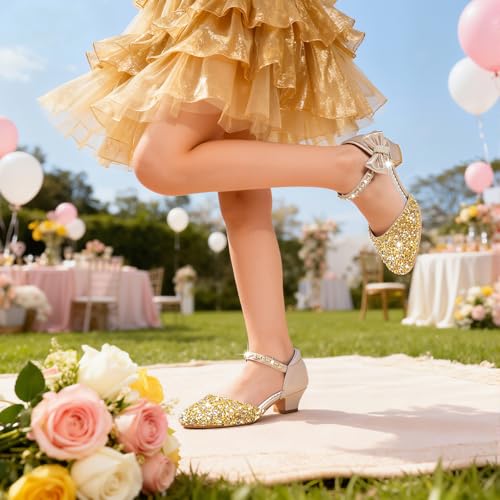 Image of Motasha Sparkly Girls Dress Shoes Kids High Heels Toddler to Big Kid | Glitter Closed Toe, Rhinestone Bow Straps, Hook-and-Loop Closure, Low Heel, Anti-Slip Outsole for Wedding Birthday Parties