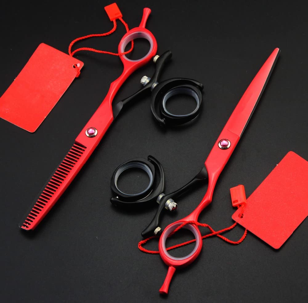 Haarschneideschere, 6 Zoll, Professionelles 440C-Rotationsschneide-Friseurscheren-Set Zum Ausdünnen Und Ausdünnen Von Haaren, Rot