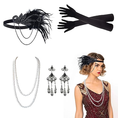 VIKSAUN 20er Jahre Kostüm Damen - 5 Stück Flapper Accessoires Set, Gatsby Zubehör, Stirnband, Halskette, Handschuhe, Ohrringe für Charleston Kleid