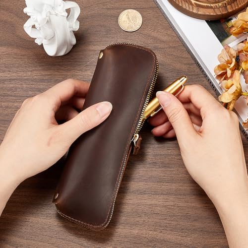 GORGECRAFT Genuine Leather Pen and Pencil Case Large Capacity Crazy Horse Zippered Pen Pouch Coconut Brown Portable Rectangle Leather Pen Bags with Zipper for Men and Women Office Supplies Pen Case - Image 3