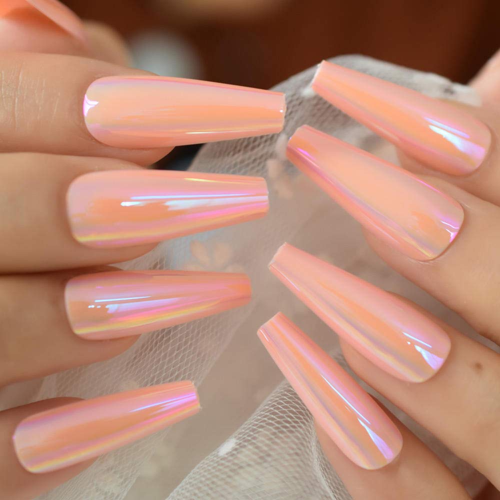 GeRRiT False Nails Orange Pink Tapered Press On Nail Extra Long False Holographic Fingernails Salon Full Cover Manicure Tool