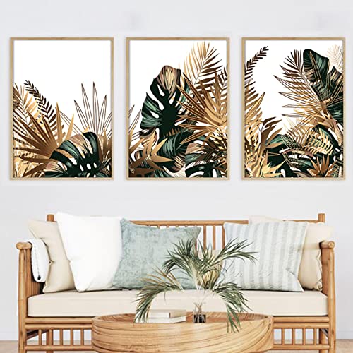 Affiche peintures sur toile de feuilles d'or et émeraude salon 70x100 cm triptyque