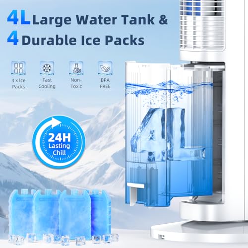 Image of 44 inch Windowless Portable Air Conditioners w /4 Modes & 3 Speeds,12H Timer, 4L Tank for 24H Cooling Evaporative Air Cooler, 4 Ice Packs,17Ft Remote, 120 Oscillating Swamp Cooler Air Conditioner