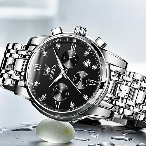OLEVS Men's Stainless Steel Chronograph Watch, Big Face Gold Silver Black Tone Easy to Read Analog Quartz Watch, Luxury Waterproof Date Diamond Roman Arabic Numerals Dial Dress Watch for Men4