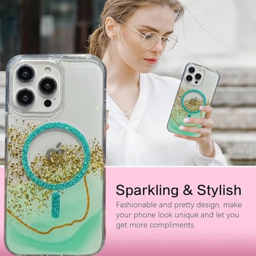 Image of mobistyle Compatible with iPhone 13 Pro | Magentic Glitter Gradian Elegant | Camera Lens Protection Back Cover Case for Women Girls iPhone 13 Pro (Green)