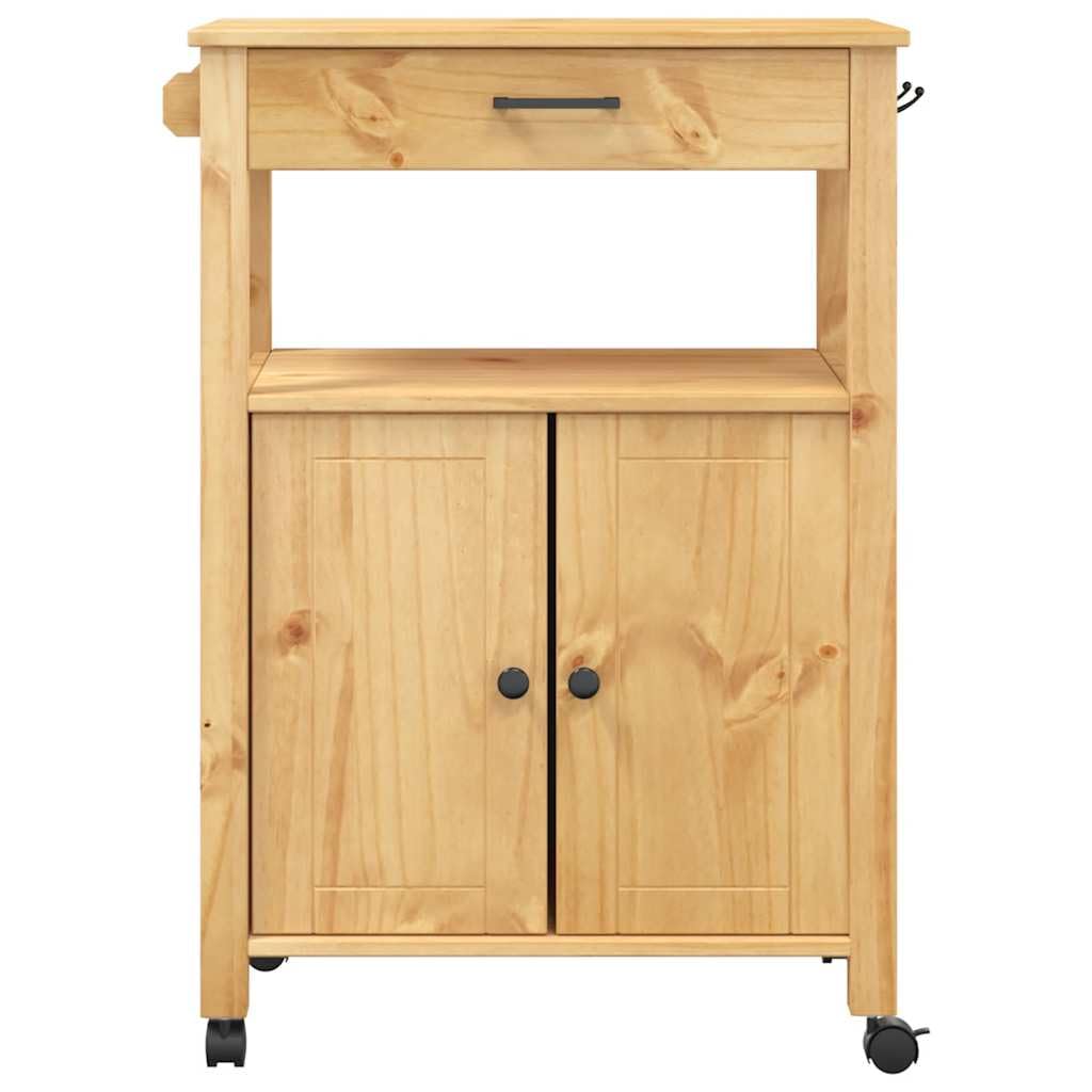 Monza - Carrello da cucina in legno di pino massiccio, 60 x 40 x 88,5 cm, con cassetto, ripiano, portasciugamani e spazio portaoggetti, versatile carrello da portata e carrello con rotelle per