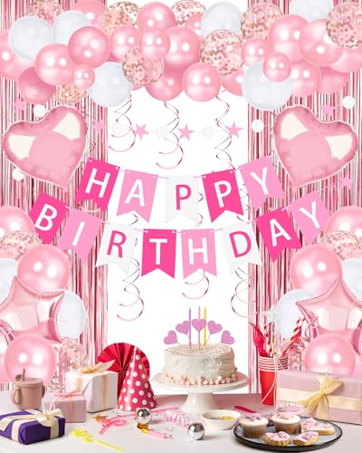 Image of Pink Happy Birthday Party Decorations with Banner Balloons for Women Girls