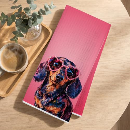 Image of 4 Pcs Pink Funny Dachshund Hand Towels, Dachshund Gifts Reusable Dish Towel | Waffle Weave Absorbent Hand Towel for Kitchen Bathroom Decor, Cute Weiner Dog Gifts for Women Mom Friend 24x14 Inch