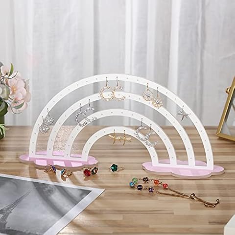 Purpeak Rainbow Earring Holder for Girls Acrylic Earring Organizer for Kids Earring Display Stand with Base 74 Holes for Holiday Gift(White) Cover