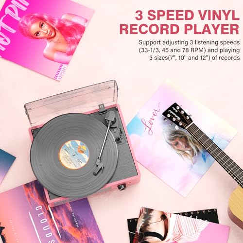 Image of Vinyl Record Player with 2 Stereo Speakers Belt-Driven Vintage Turntables 3 Speed 3 Size Wireless Bluetooth Playback AUX-in RCA Out Headphone LP Vinyl Players Auto Stop Dusty Rose