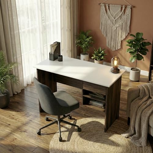 Image of Aris Study Table with Drawer & Storage Shelves, Modern Dual-Tone Office Desk for Home & Students, 116x57x72cm (Brown Maple & White)