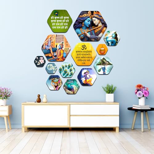Image of Decor Smart Krishna Wooden Wall Art | Living Room Decoration | Radha Devotional Accent | Home Decor Decorative Artwork | Spiritual Lord Flute Wall Hanging | Hindu Religious Sticker Panel (WPS 219)