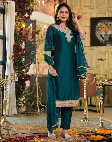 Image of SKYLEE Silk Blend Weaving and Embroidery Lace Straight Kurta Set with Dupatta