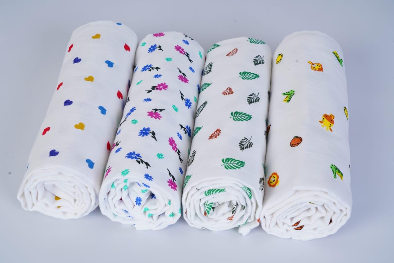 KIN and TIN Cotton Muslin Baby Swaddle Set, Pack of 4, Size -100cm x 80cm, Hearts Animals Leaves Flower Printed on White, 100% Muslin Fabric Wrap for Baby |-image-12